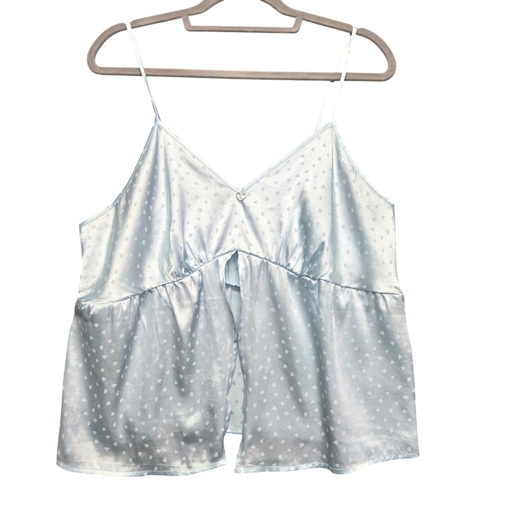 Flora Blue Heart Jacquard Satin Babydoll Coquette Flyaway Camisole XL Pajama Top